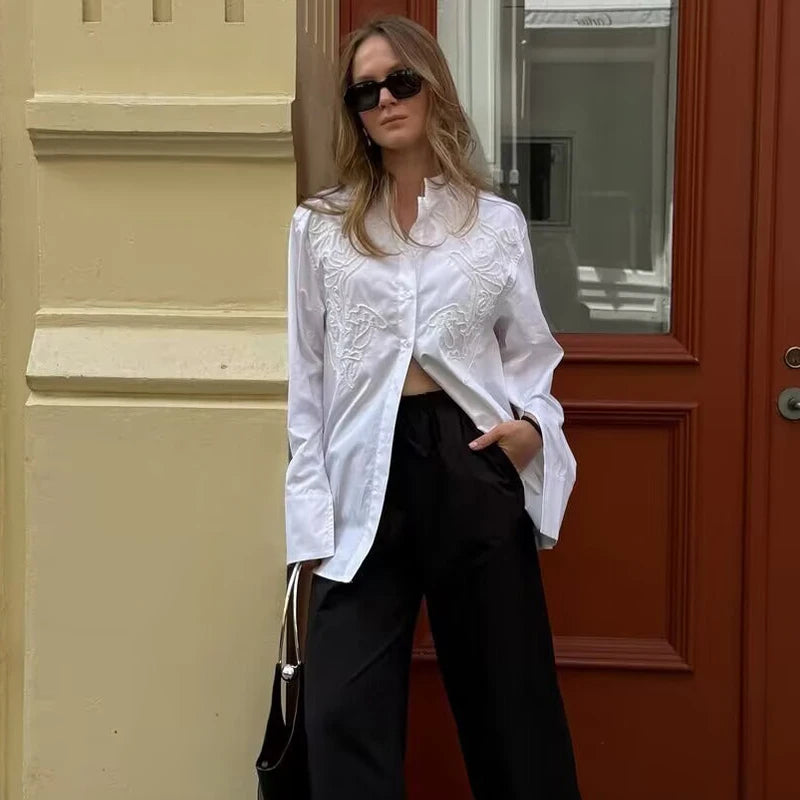 MUJER Women’s White Embroidered Button-Up Long Sleeve Summer Shirt