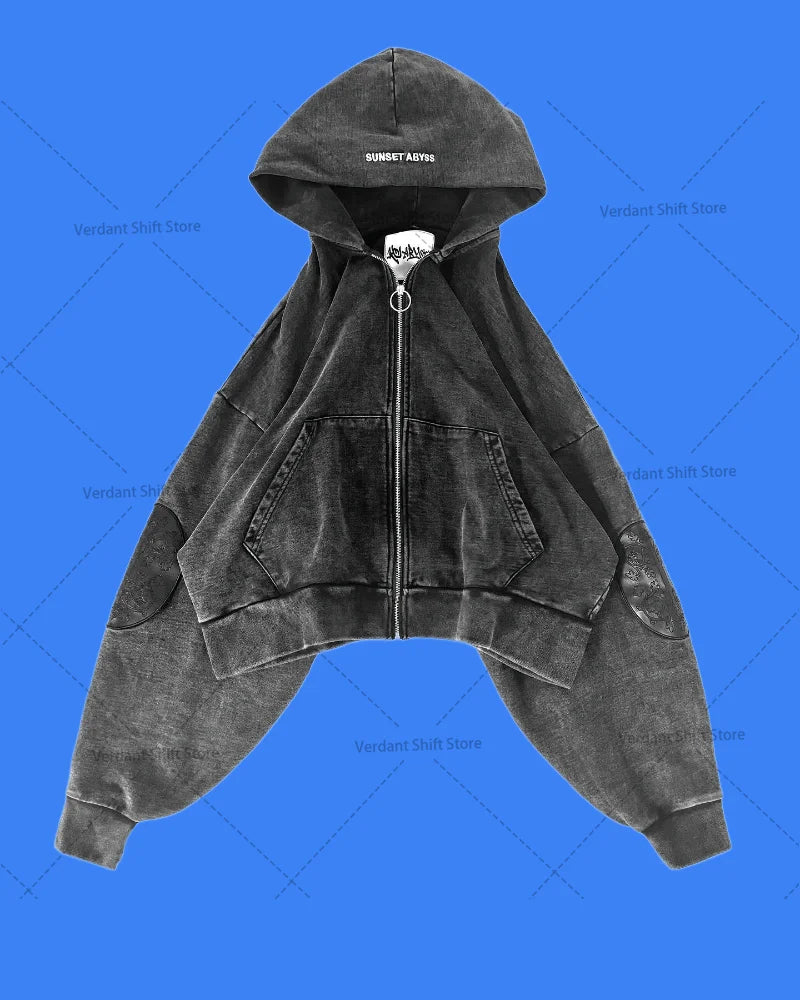 Retro Washed Embroidered Men's Hoodie Hip-Hop Streetwear Cotton Oversized Zip-Up Hooded Sweatshirt Stylish Couple's Activewear