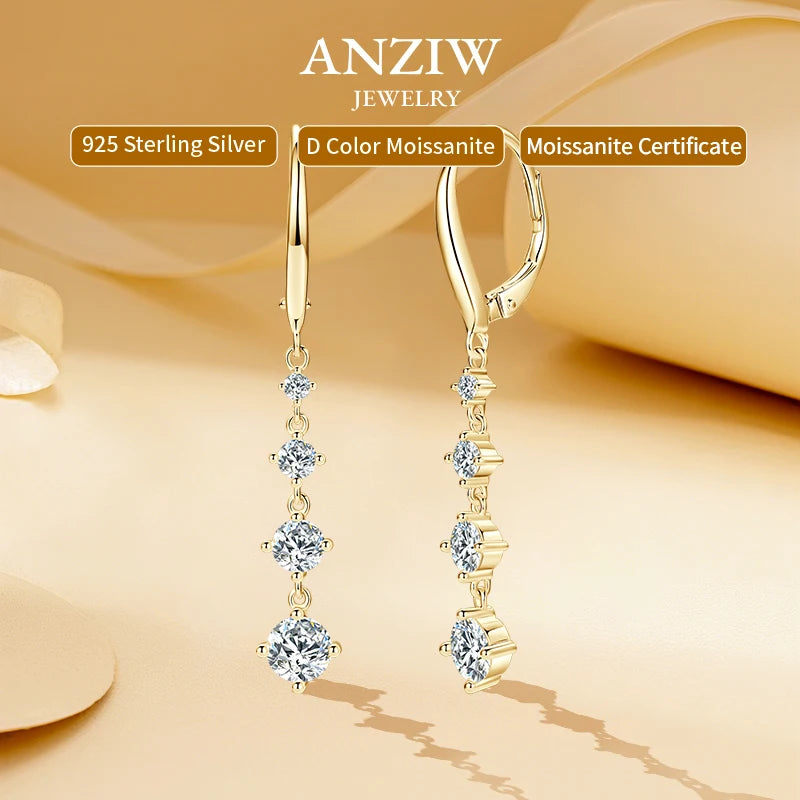 Anziw 42mm Moissanite Drop Earrings – 925 Sterling Silver Long Dangle Hoop Clip Earrings | Wedding Fine Jewelry Gift for Women
