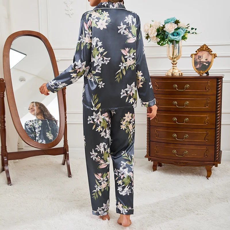 Women’s Satin Floral Pajamas Set – Autumn Long Sleeve Top & Pants Sleepwear | 2-Piece Silk Homewear Pyjama Femme