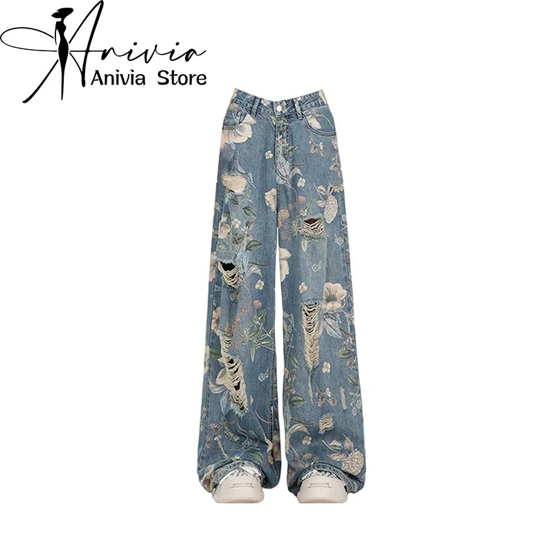 Women’s Vintage Blue Baggy Jeans – Ripped Y2K Cowboy Denim & Harajuku Graphic Print