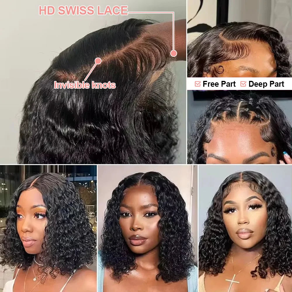 Brazilian Water Curly Bob Wig – 250 Density Glueless Human Hair Deep Wave Wig with HD 13x4/13x6 Transparent Lace Front