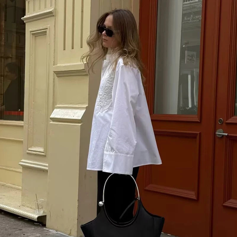 MUJER Women’s White Embroidered Button-Up Long Sleeve Summer Shirt