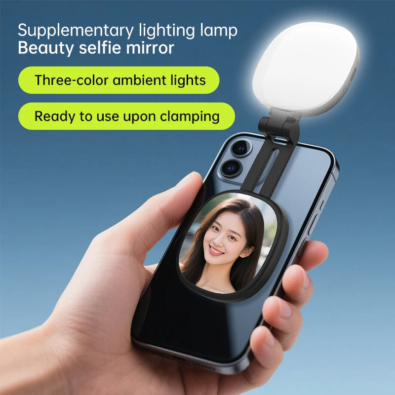 Espejo magnético para selfies con mini luz de relleno – Anillo de luz para teléfono ajustable de doble color