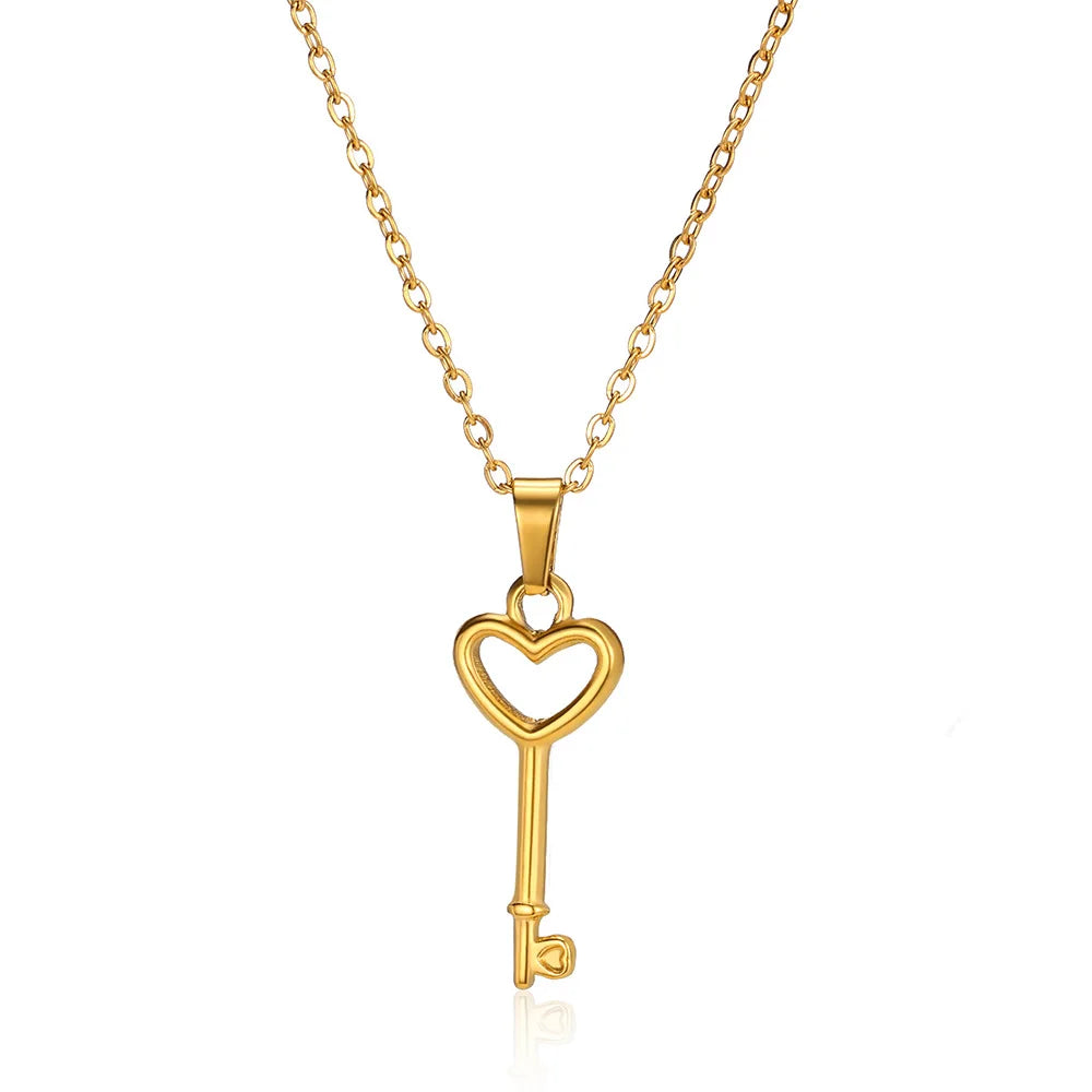 Fashion Heart Key Necklace Pendant – Gold Color Stainless Steel Love Couple Choker | Trendy Women’s Jewelry Christmas Gift