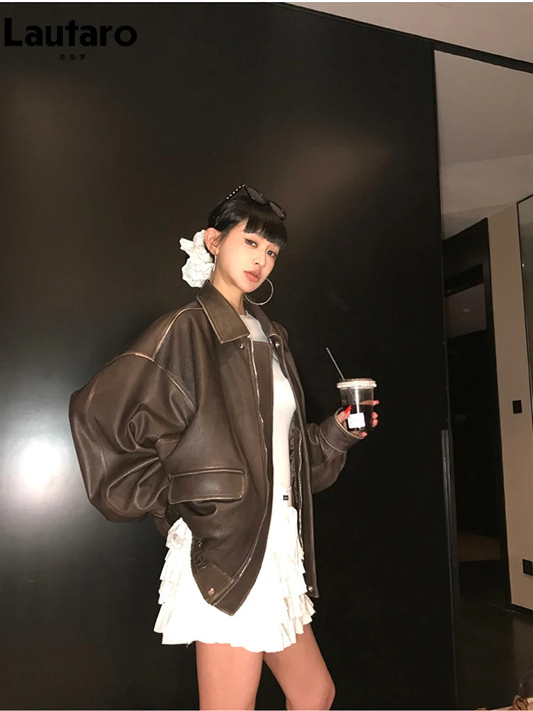 Vintage Distressed PU Jacket – Oversized Brown Runway Style