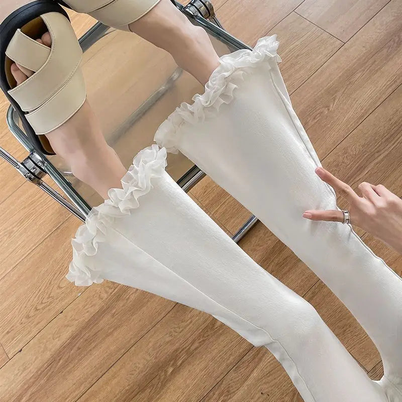 White Lace Spliced Flared Imitation Jeans for Women