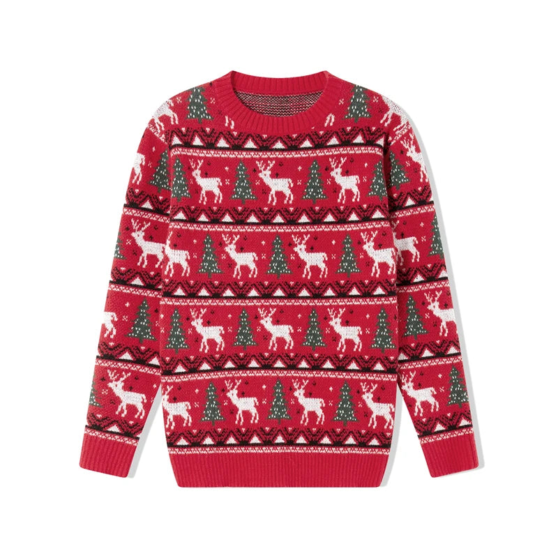 Matching Family Christmas Sweaters – Snowflake & Reindeer Knitted Long Sleeve Pullovers | Holiday Round Neck Jersey Tops