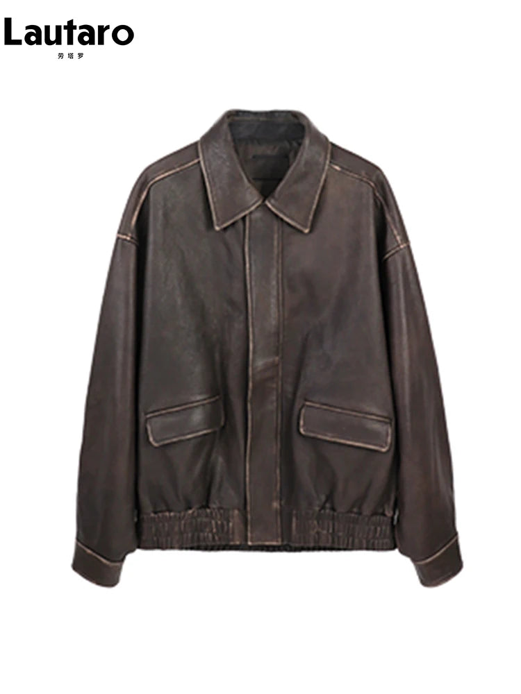 Vintage Distressed PU Jacket – Oversized Brown Runway Style