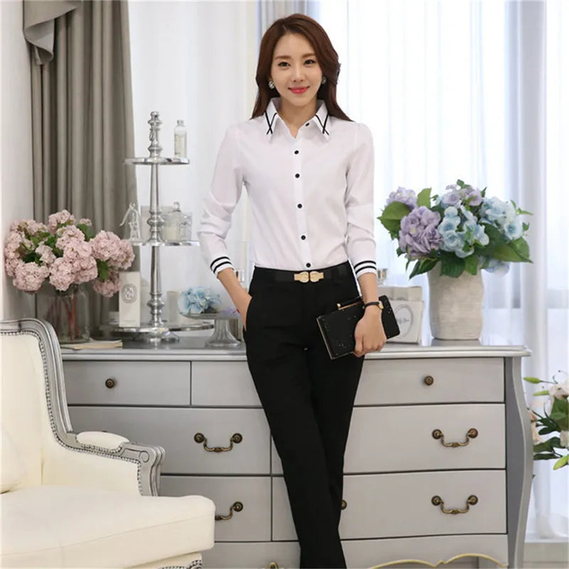 Women’s Long-Sleeve Slim Fit Office Shirt – White/Blue Formal Turn-Down Collar Blouse
