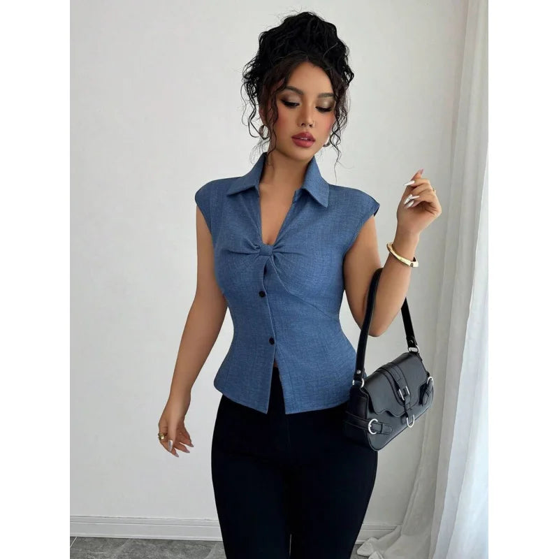 Women’s Elegant Summer Imitation V-Neck Jean Top