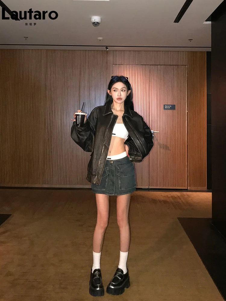 Vintage Distressed PU Jacket – Oversized Brown Runway Style