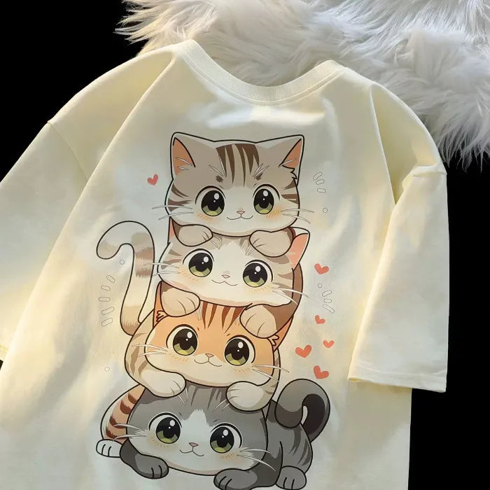 Cute Cartoon Cat Print T-shirt