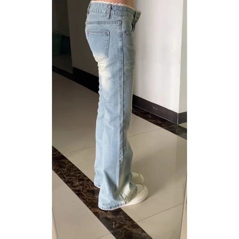 Women’s Retro Lace Trim Flared Straight Leg Jeans