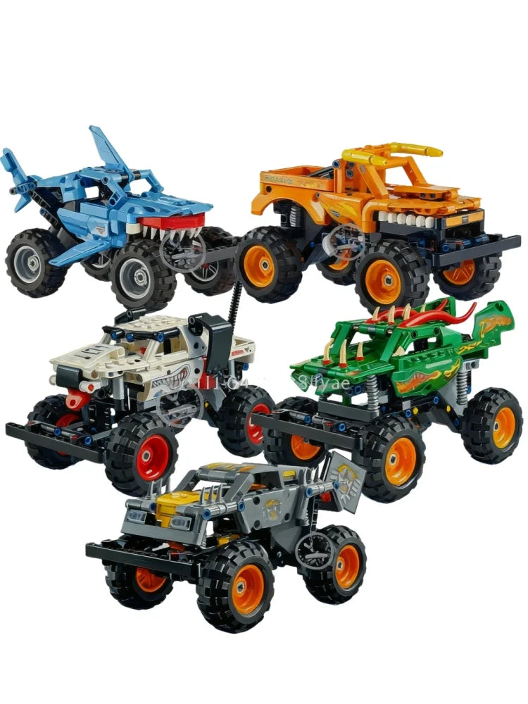 Megalodon & Bigfoot Pull-Back Monster Car Building Blocks – Flame Dragon Kids Construction Toy | Christmas Gift for Children