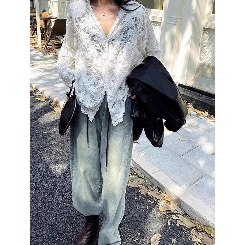 Y2K Lace Sheer Long Sleeve Blouse