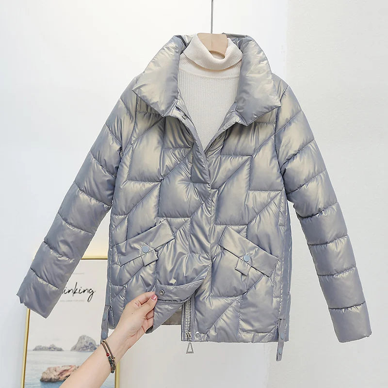 2025 Women’s Winter Parka – Glossy Down Cotton Jacket with Stand Collar | Casual Warm Short Coat Female Outwear