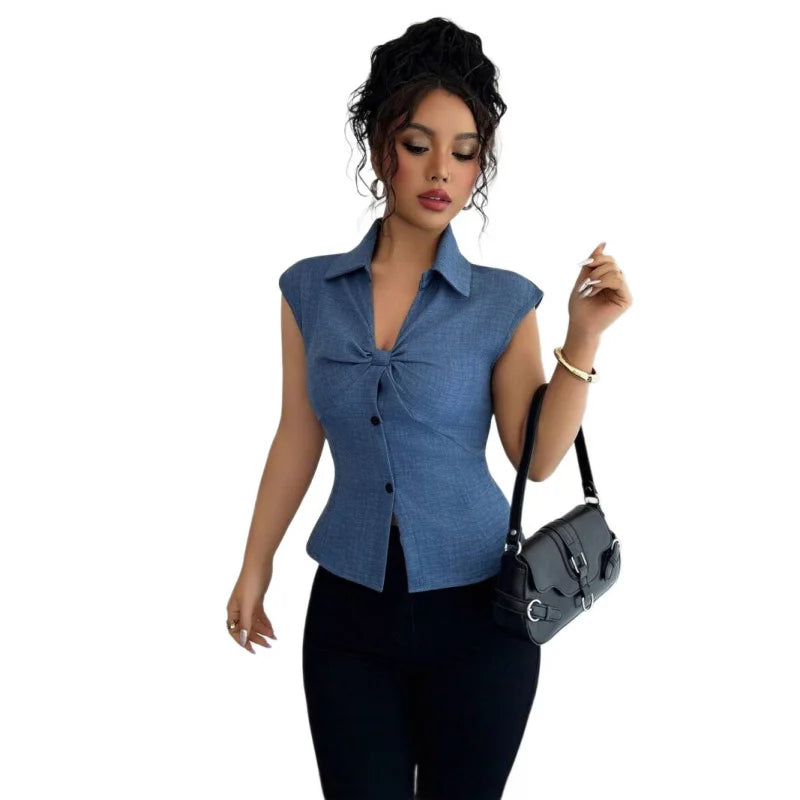 Women’s Elegant Summer Imitation V-Neck Jean Top