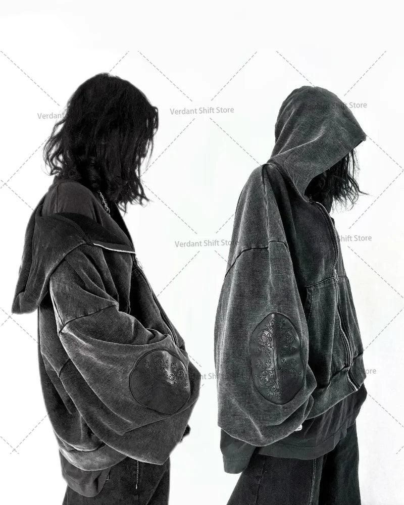 Retro Washed Embroidered Men's Hoodie Hip-Hop Streetwear Cotton Oversized Zip-Up Hooded Sweatshirt Stylish Couple's Activewear