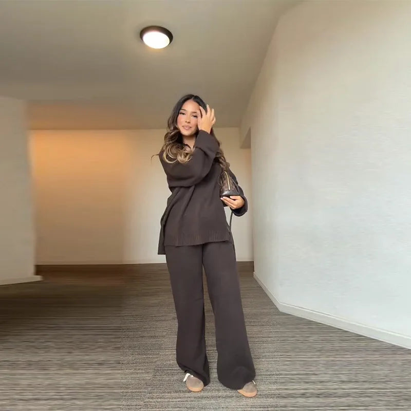 Brown V-Neck Knit Shirt and Pants