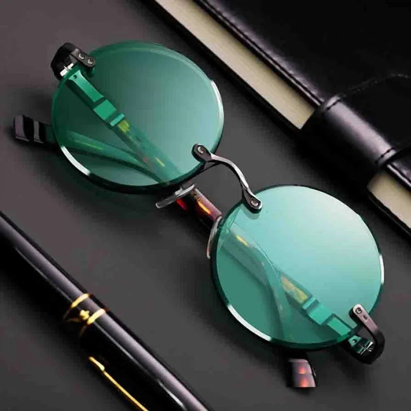 Fashion Rimless Sunglasses for Women & Men – Retro Round Frame with Crystal Dark Green Lens | Classic Outdoor Driving Eyewear