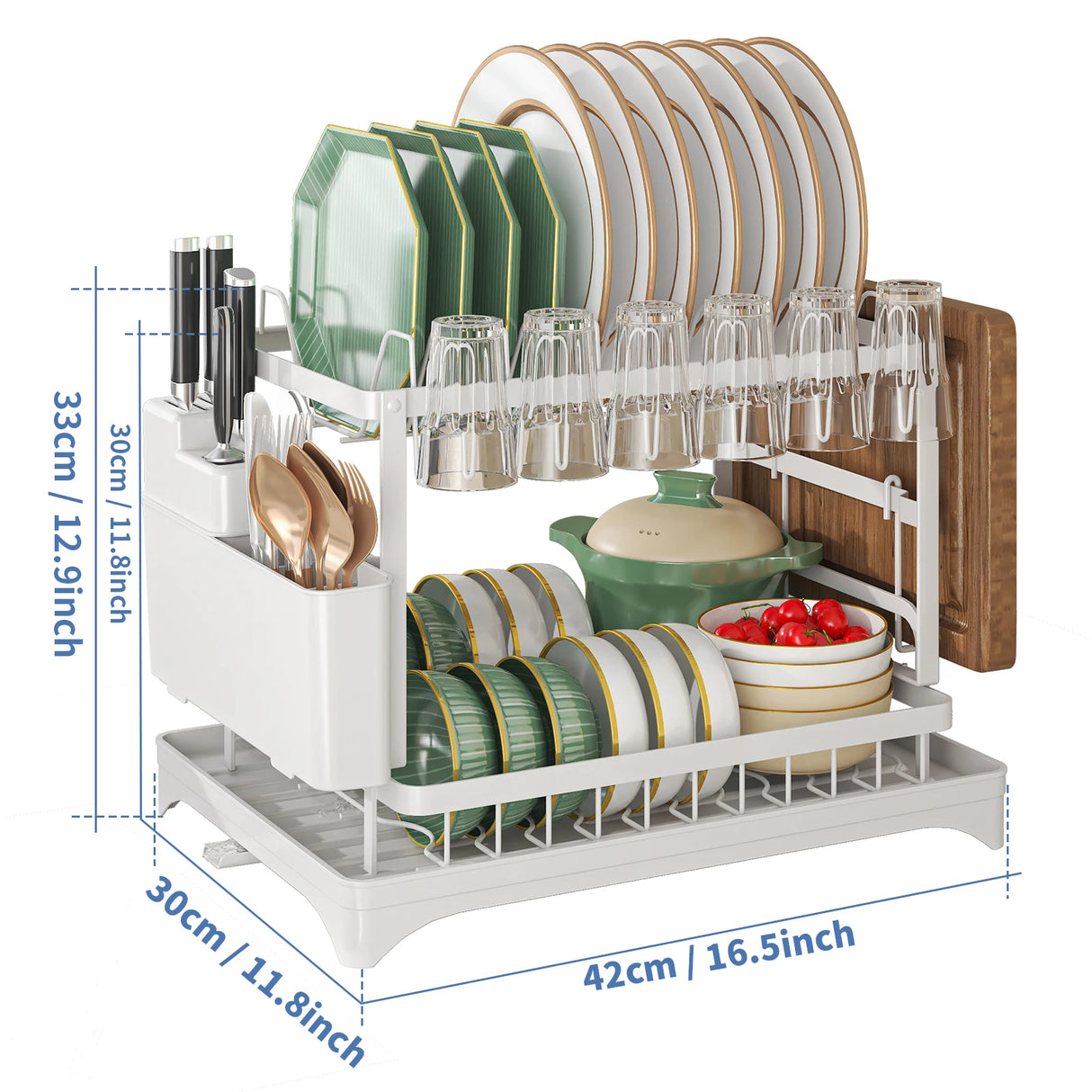 2-Tier Dish Drying Rack with Cutlery Holder, Cup Hooks & Draining Tray