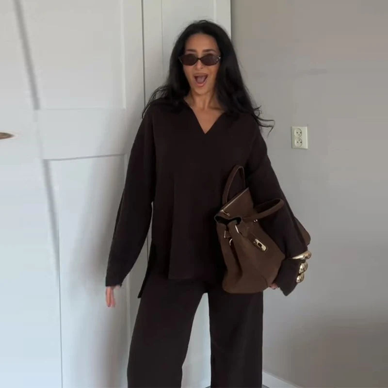 Brown V-Neck Knit Shirt and Pants