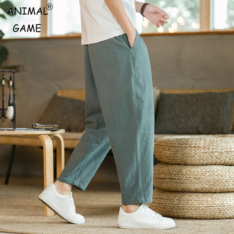 Men’s Cotton Linen Casual Pants – Breathable Solid Color Loose Fit Shorts & Straight Drawstring Trousers | Summer Streetwear 2025