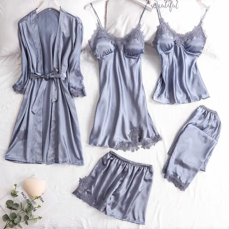 Women’s Satin Pajama Set – Lace Trim Sleepwear with Robe and Pants