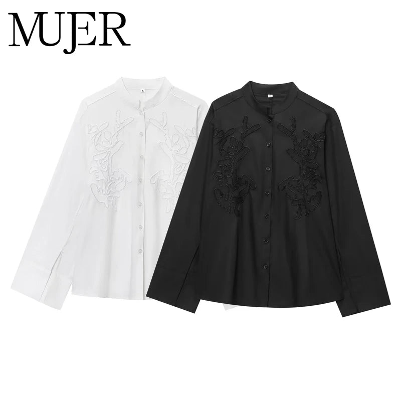 MUJER Women’s White Embroidered Button-Up Long Sleeve Summer Shirt