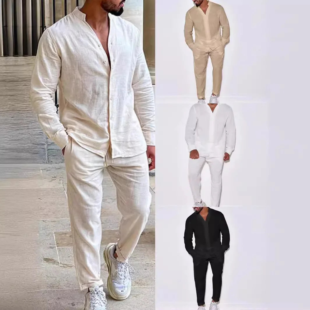 Men’s Casual Linen Outfit – Long Sleeve Shirt and Pants Set