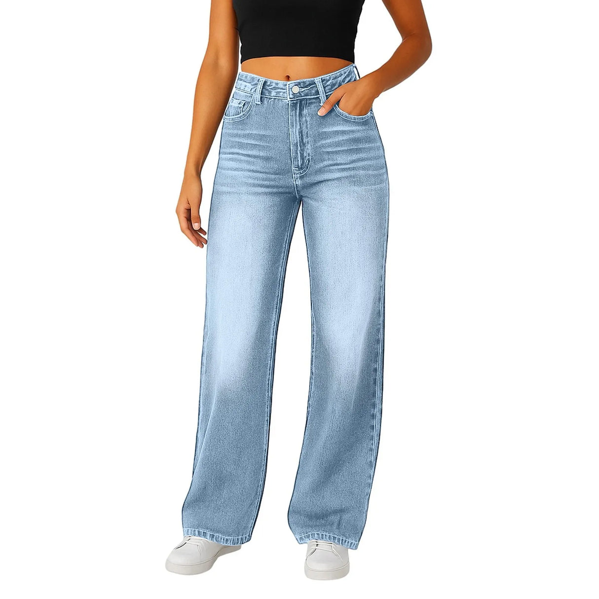 Wide-Leg Jeans for Women – Light Blue High-Waisted Loose-Fit Trousers | Simple Design Fashion Denim for Daily Wear