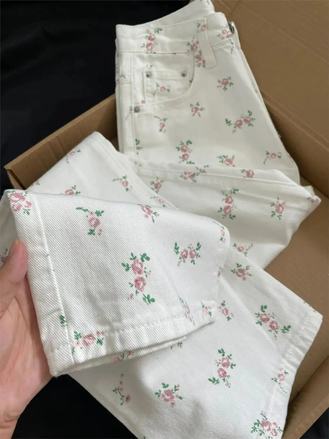 White Floral Straight Jeans for Women