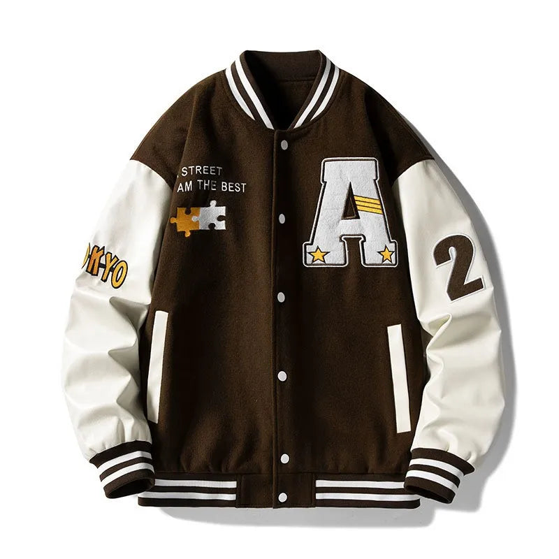 Men’s Embroidered Baseball Jacket – American Retro Brown Varsity Jacket | Fashion Autumn School Uniform Couple Jacket