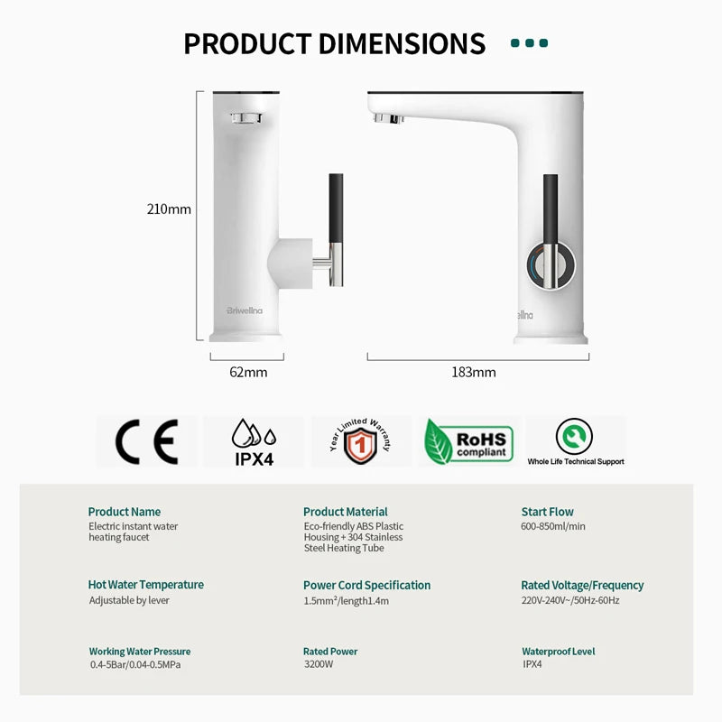 Briwellna Electric Water Heater Faucet 220V – Instant Tankless Kitchen Heating Tap