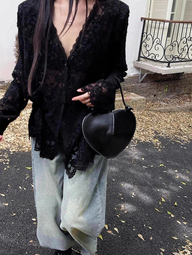 Y2K Lace Sheer Long Sleeve Blouse