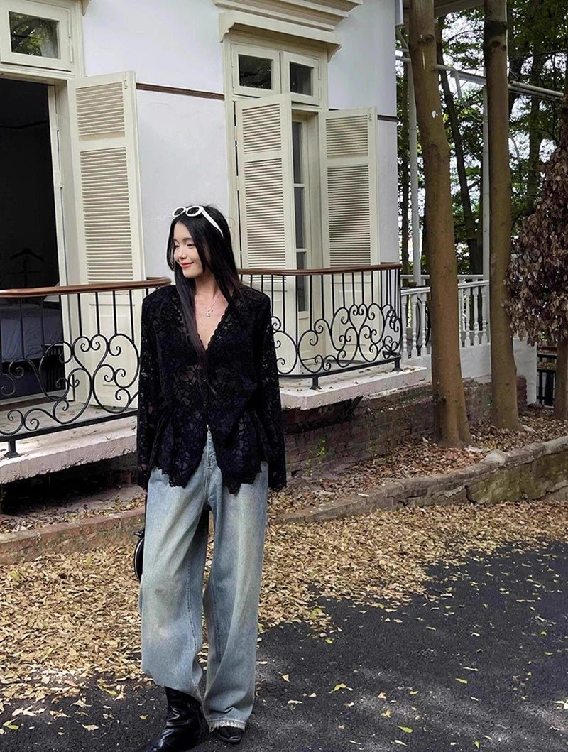 Y2K Lace Sheer Long Sleeve Blouse