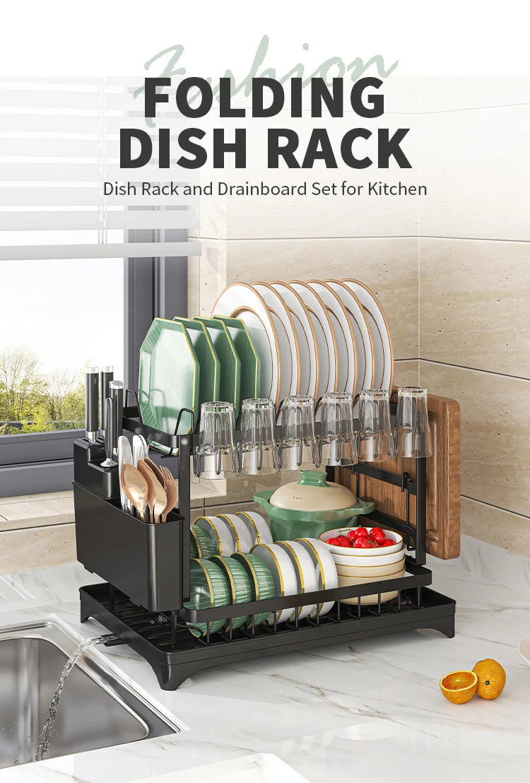2-Tier Dish Drying Rack with Cutlery Holder, Cup Hooks & Draining Tray
