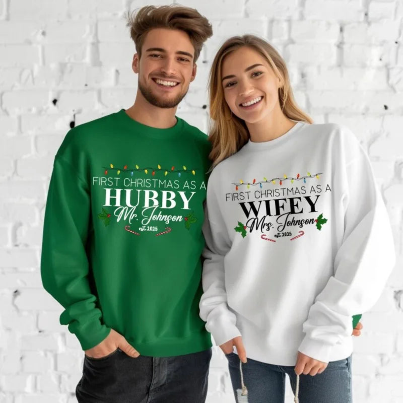 Custom “Our First Christmas as Mr & Mrs” Sweater – Hubby & Wifey Matching Sweatshirts | Newlywed Couple Christmas Gift