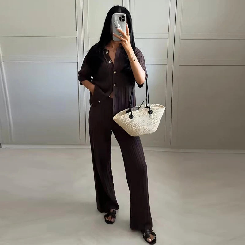 Brown V-Neck Knit Shirt and Pants