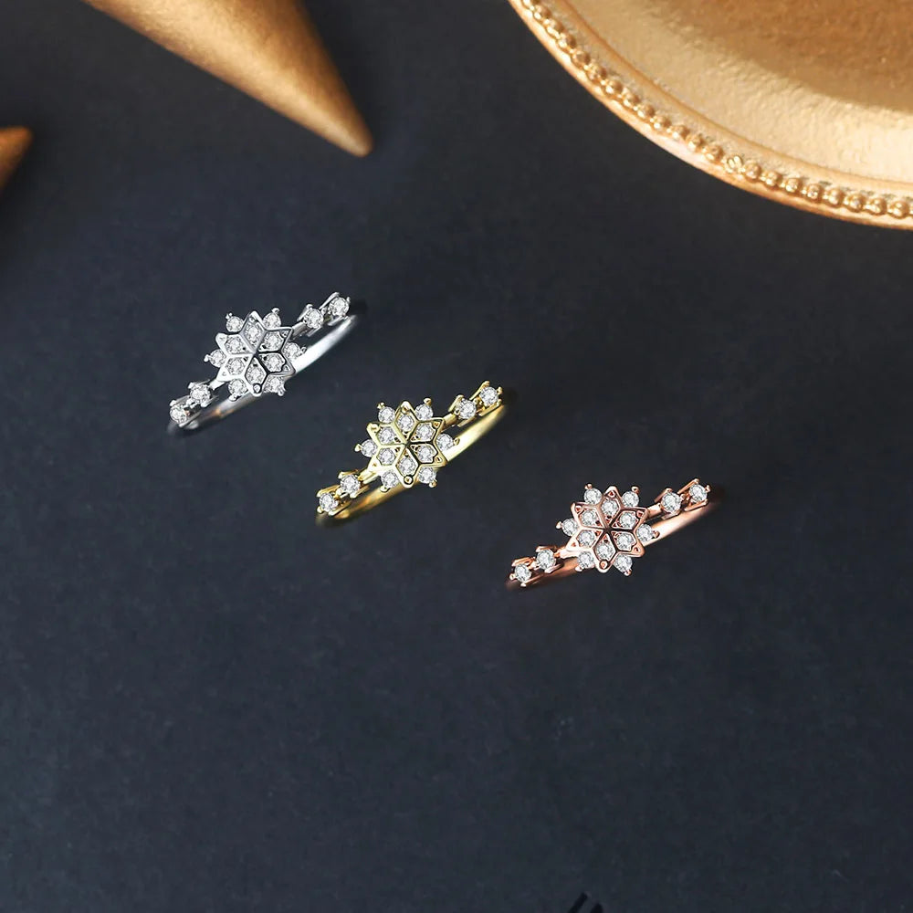 Snowflake Ring for Women – Korean Cute Zircon Light Gold Wedding Ring | Wholesale Fashion Jewelry Christmas Gift KCR093