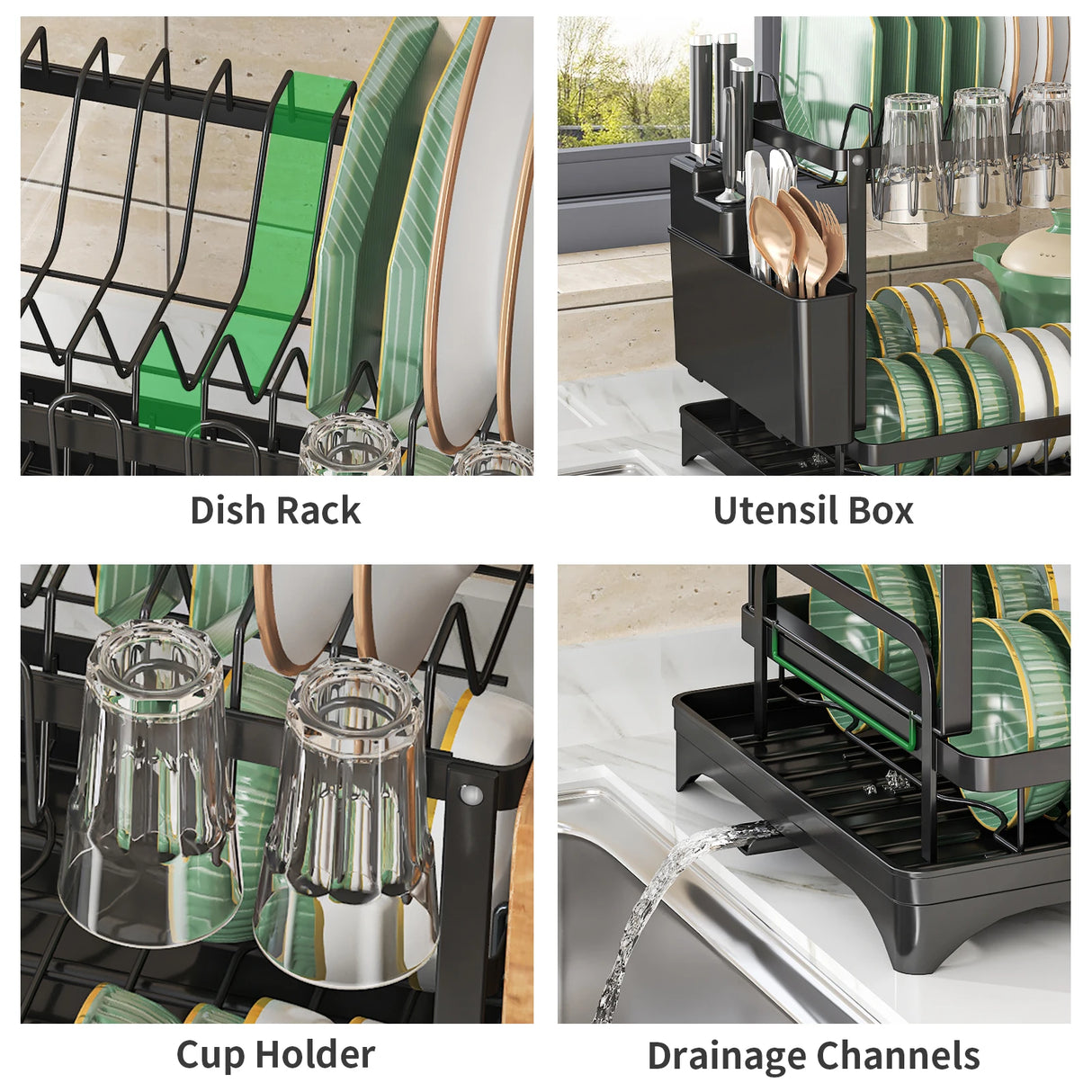 2-Tier Dish Drying Rack with Cutlery Holder, Cup Hooks & Draining Tray
