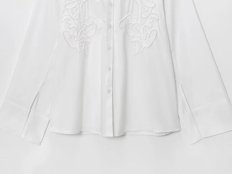 MUJER Women’s White Embroidered Button-Up Long Sleeve Summer Shirt