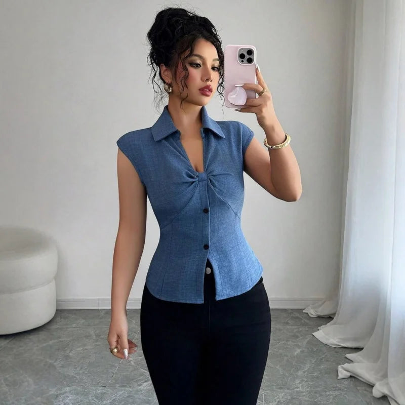 Women’s Elegant Summer Imitation V-Neck Jean Top