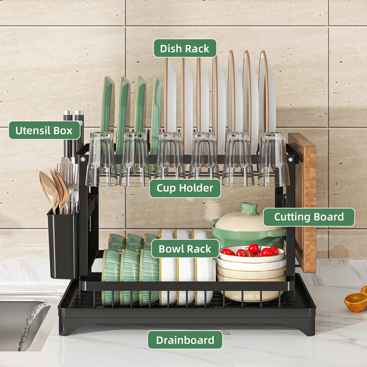 2-Tier Dish Drying Rack with Cutlery Holder, Cup Hooks & Draining Tray