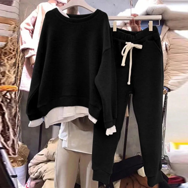 Pencil Trousers Spliced Women Pant Sets Pullover O Neck Hoodies Two Pieces Drawstring Ankle Length Pant Casual 2025 Autumn