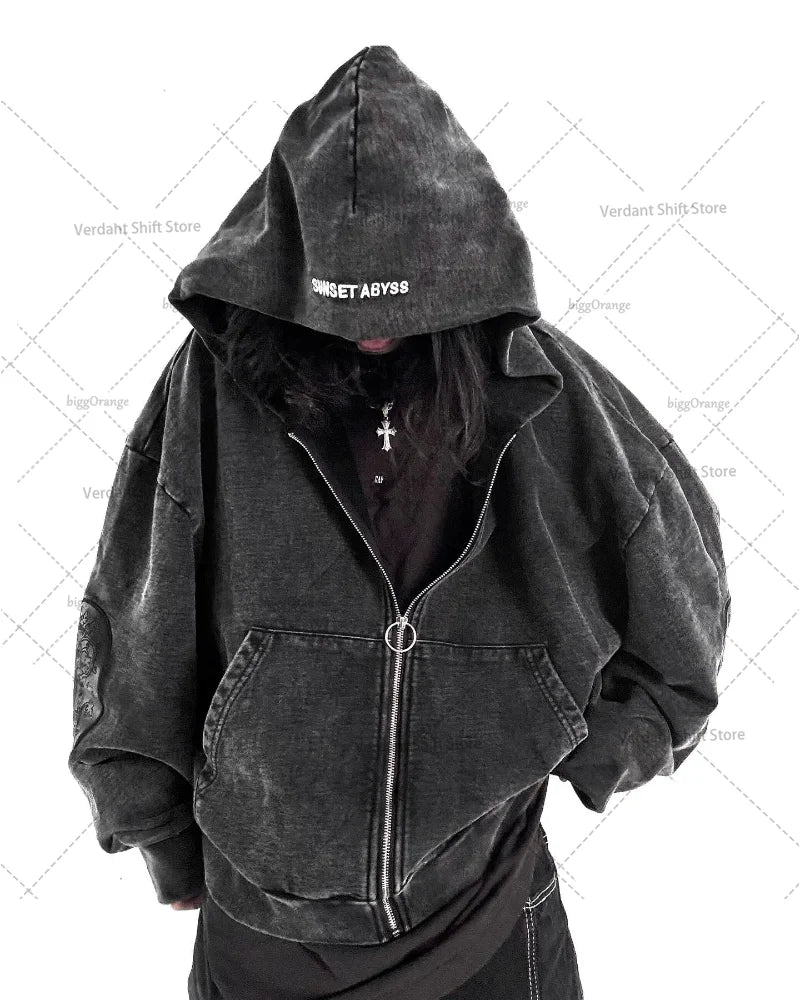 Retro Washed Embroidered Men's Hoodie Hip-Hop Streetwear Cotton Oversized Zip-Up Hooded Sweatshirt Stylish Couple's Activewear