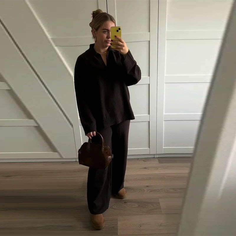 Brown V-Neck Knit Shirt and Pants