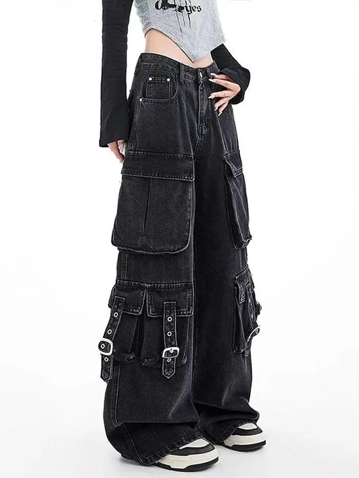 Black Gothic Punk Multi-Pocket Zipper Denim Jeans – Y2K Baggy