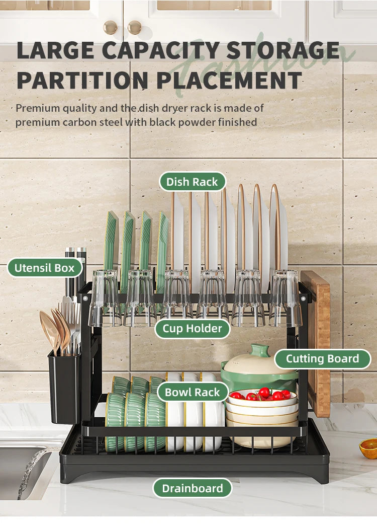 2-Tier Dish Drying Rack with Cutlery Holder, Cup Hooks & Draining Tray